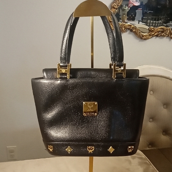 MCM Black Leather Tote Bag with Gold Accents